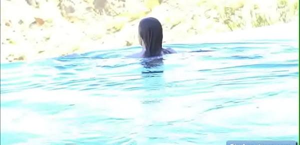  Lovely teen amateur Fiona play with her big natural boobs through her wet t shirt and takes a swim naked in her pool